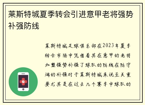 莱斯特城夏季转会引进意甲老将强势补强防线