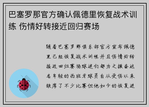 巴塞罗那官方确认佩德里恢复战术训练 伤情好转接近回归赛场